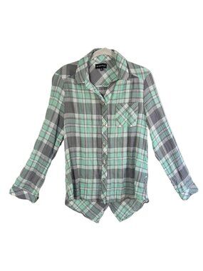 My Michelle Women's Button Up Multicolor Plaid Split Hem Shirt - Size M